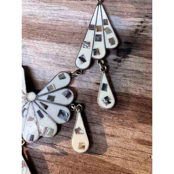 Vintage Mexican Sterling Silver Necklace With White & Abalone Inlay Floral - Picture 8 of 8